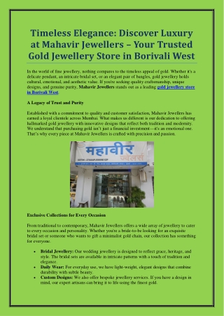 Discover Premium Craftsmanship at Gold Jewellery Store in Borivali West – Mahavi