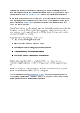 Affordable Plots in Jaipur – 100 Gaj Plots Available with Yaduraj Realty