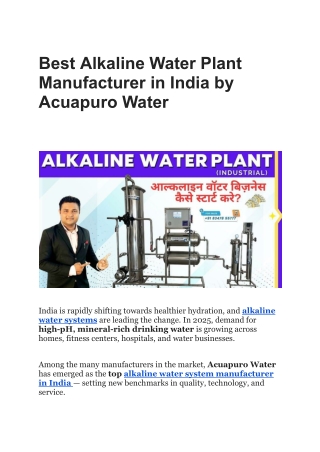 Best Alkaline Water Plant Manufacturer in India by Acuapuro Water