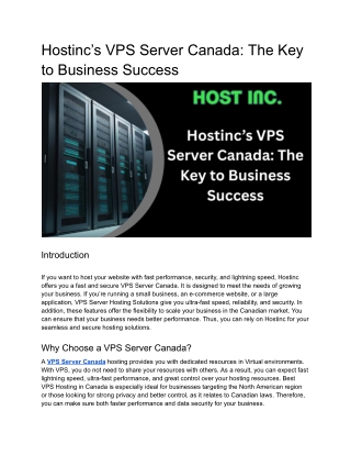 Hostinc’s VPS Server Canada: The Key to Business Success
