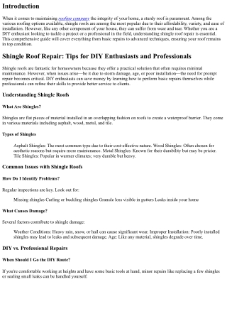 Shingle Roof Repair: Tips for DIY Enthusiasts and Professionals