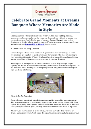 Celebrate Grandly at Dreams Banquet – Premium Banquet Hall in Vikhroli