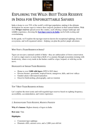 EXPLORING THE WILD: BEST TIGER RESERVE IN INDIA FOR UNFORGETTABLE SAFARIS