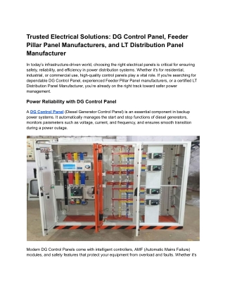 Trusted Electrical Solutions_ DG Control Panel, Feeder Pillar Panel Manufacturers, and LT Distribution Panel Manufacture