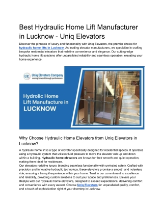 Best Hydraulic Home Lift Manufacturer in Lucknow - Uniq Elevators
