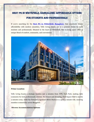 Best PG in Whitefield, Bangalore Affordable Options for Students and Professionals