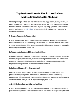 Top Features Parents Should Look For in a Matriculation School Madurai