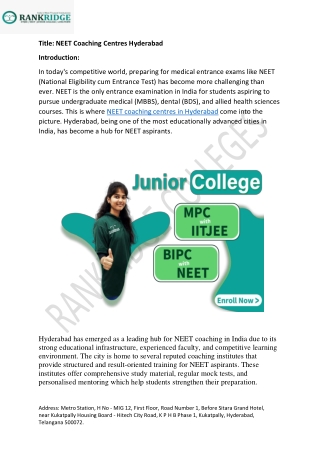 Neet Coaching Centers Hyderabad