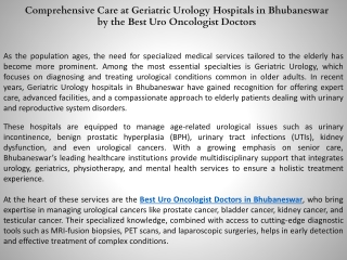 Comprehensive Care at Geriatric Urology Hospitals in Bhubaneswar by the Best Uro Oncologist Doctors