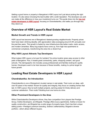 Top Real estate developers in HSR Layout Bangalore