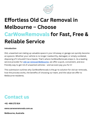 Effortless Old Car Removal in Melbourne – Choose CarWowRemovals for Fast, Free & Reliable Service