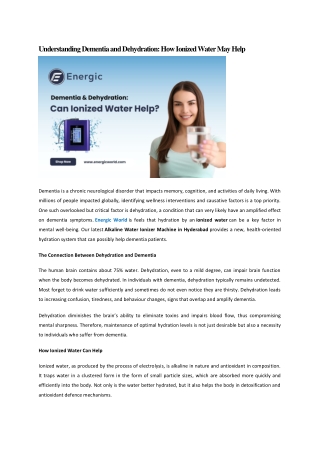 hydrogen water ionizer in Hyderabad - Understanding Dementia and Dehydration - How Ionized Water May Help