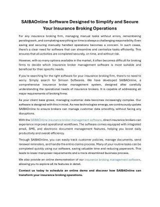 SAIBAOnline Software Designed to Simplify Your Insurance Broking Operations