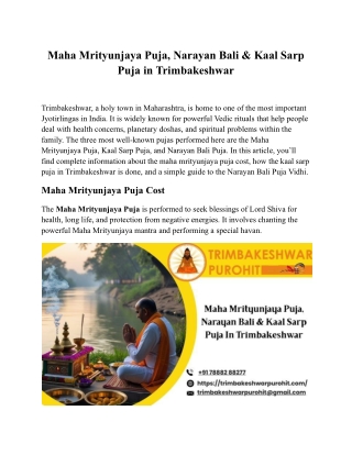 Maha Mrityunjaya Puja, Narayan Bali & Kaal Sarp Puja in Trimbakeshwar