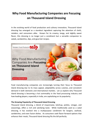 Why Food Manufacturing Companies Are Focusing on Thousand Island Dressing