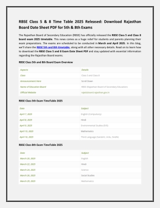 RBSE Class 5 & 8 Time Table 2025 Released Download Rajasthan Board Date Sheet PDF for 5th and 8th Exams