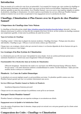 Chauffage, Climatisation et Plus Encore avec les Experts de chez Plombier Samuel