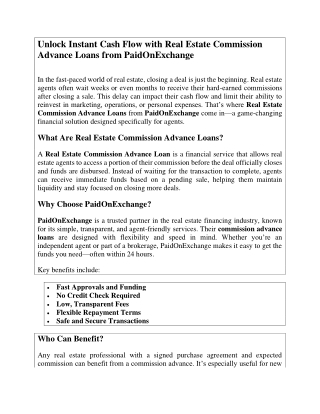 Unlock Instant Cash Flow with Real Estate Commission Advance Loans from PaidOnExchange
