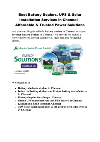Best Battery Dealers, UPS  & Solar Installation Services in Chennai – Anushri