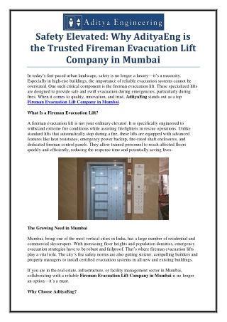 AdityaEng – Reliable Fireman Evacuation Lift Company in Mumbai