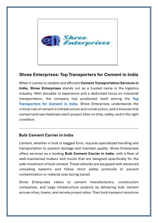 Shree Enterprises Top Transporters for Cement in India