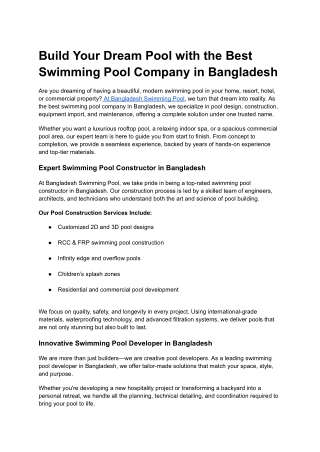 Build Your Dream Pool with the Best Swimming Pool Company in Bangladesh