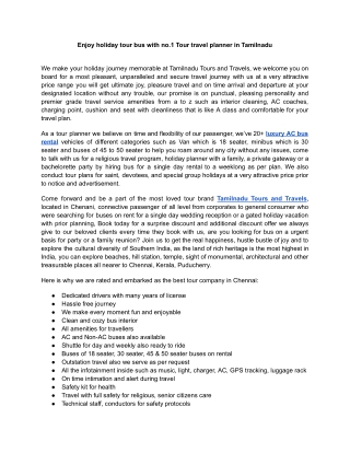 Enjoy holiday tour bus with no.1 Tour travel planner in Tamilnadu