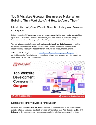Top 5 Website Mistakes Gurgaon Businesses Make & How Top website development company in Gurgaon Duplex Technologies Help