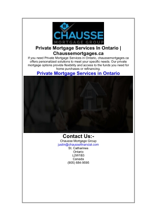 Private Mortgage Services In Ontario  Chaussemortgages.ca.
