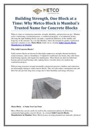 Build Strong with Metco Block – Solid Concrete Blocks Manufacturer in Mumbai