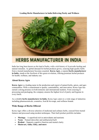 Korea Agro Leading Herbs Manufacturer in India Delivering Purity and Wellness
