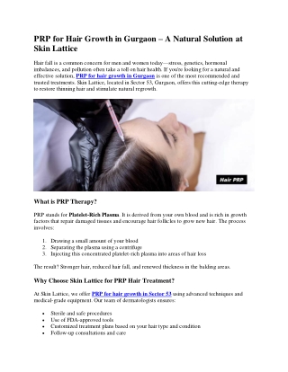 PRP for Hair Growth in Gurgaon – A Natural Solution at Skin Lattice