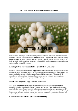 Top Cotton Supplier in India Pramoda Exim Corporation