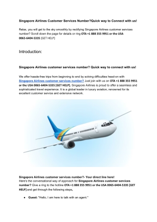 Singapore Airlines Customer Services Number_