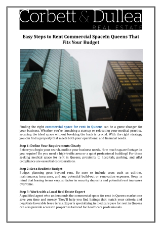 Corbett & Dullea Real Estate- Easy Steps to Rent Commercial Space in Queens on a Budget