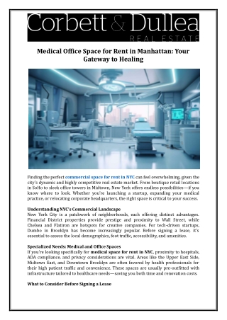 Corbett & Dullea Real Estate- Find Your Clinic- Medical Office Space for Rent in Manhattan