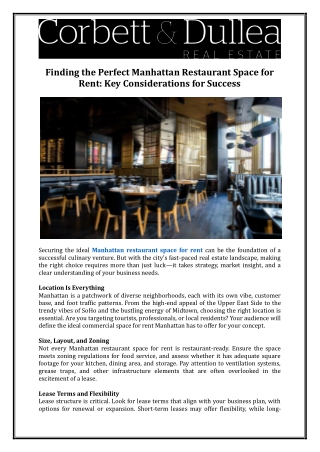Corbett & Dullea Real Estate- Key Success Tips Manhattan Restaurant Space for Rent