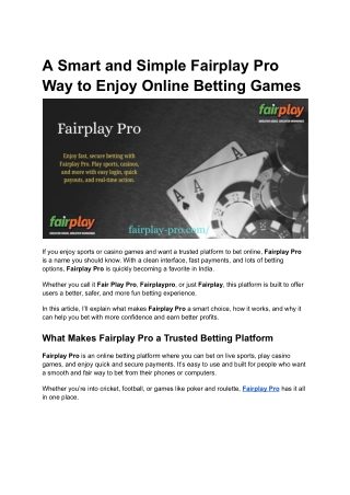 A Smart and Simple Fairplay Pro Way to Enjoy Online Betting Games