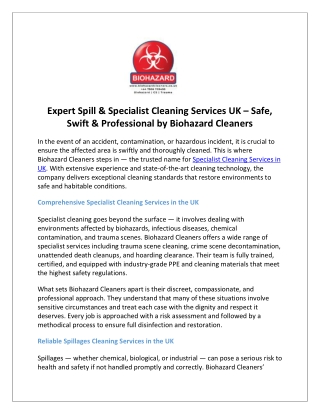 Expert Spill & Specialist Cleaning Services UK – Safe, Swift & Professional by Biohazard Cleaners