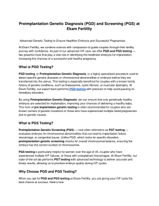Preimplantation Genetic Diagnosis (PGD) and Screening (PGS) at Ekam Fertility