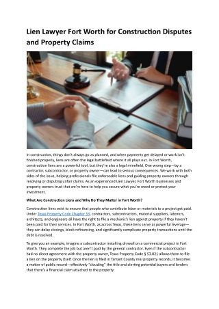 Lien Lawyer Fort Worth for Construction Disputes and Property Claims