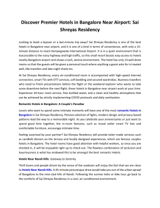 Couple Hotels In Bangalore - Sai Shreyas Residency