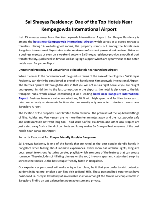 Hotels Near Kempegowda International Airport- Sai Shreyas Residency