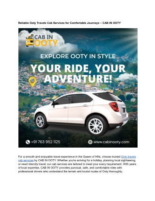 Reliable Ooty Travels Cab Services by CAB IN OOTY