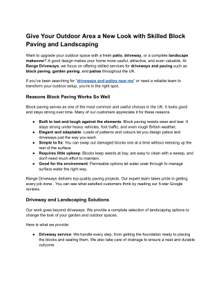 Give Your Outdoor Area a New Look with Skilled Block Paving and Landscaping