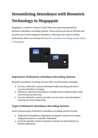 biometric attendance recording system dealers in Mogappair