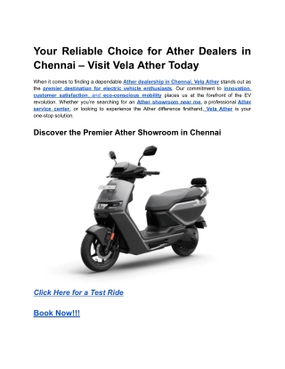 Your Reliable Choice for Ather Dealers in Chennai – Visit Vela Ather Today