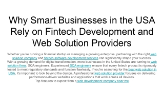 Why Smart Businesses in the USA Rely on Fintech Development and Web Solution Providers