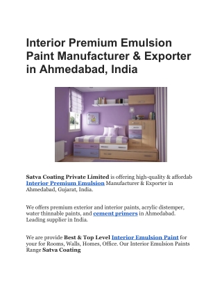 Interior Premium Emulsion Paint Manufacturer & Exporter