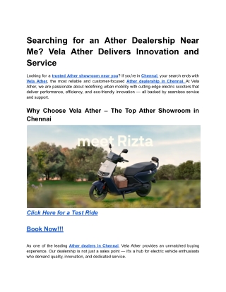 Searching for an Ather Dealership Near Me? Vela Ather Delivers Innovation and Se
